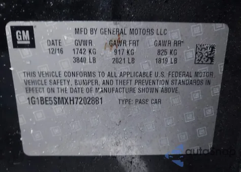 2017 Chevrolet Cruze Lt Auto z USA, uszkodzony, nr VIN 1G1BE5SMXH7202881